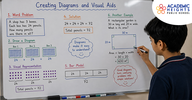 Visual aids and diagrams simplify complex maths word problems. Student using diagrams and visual aids to solve maths word problems